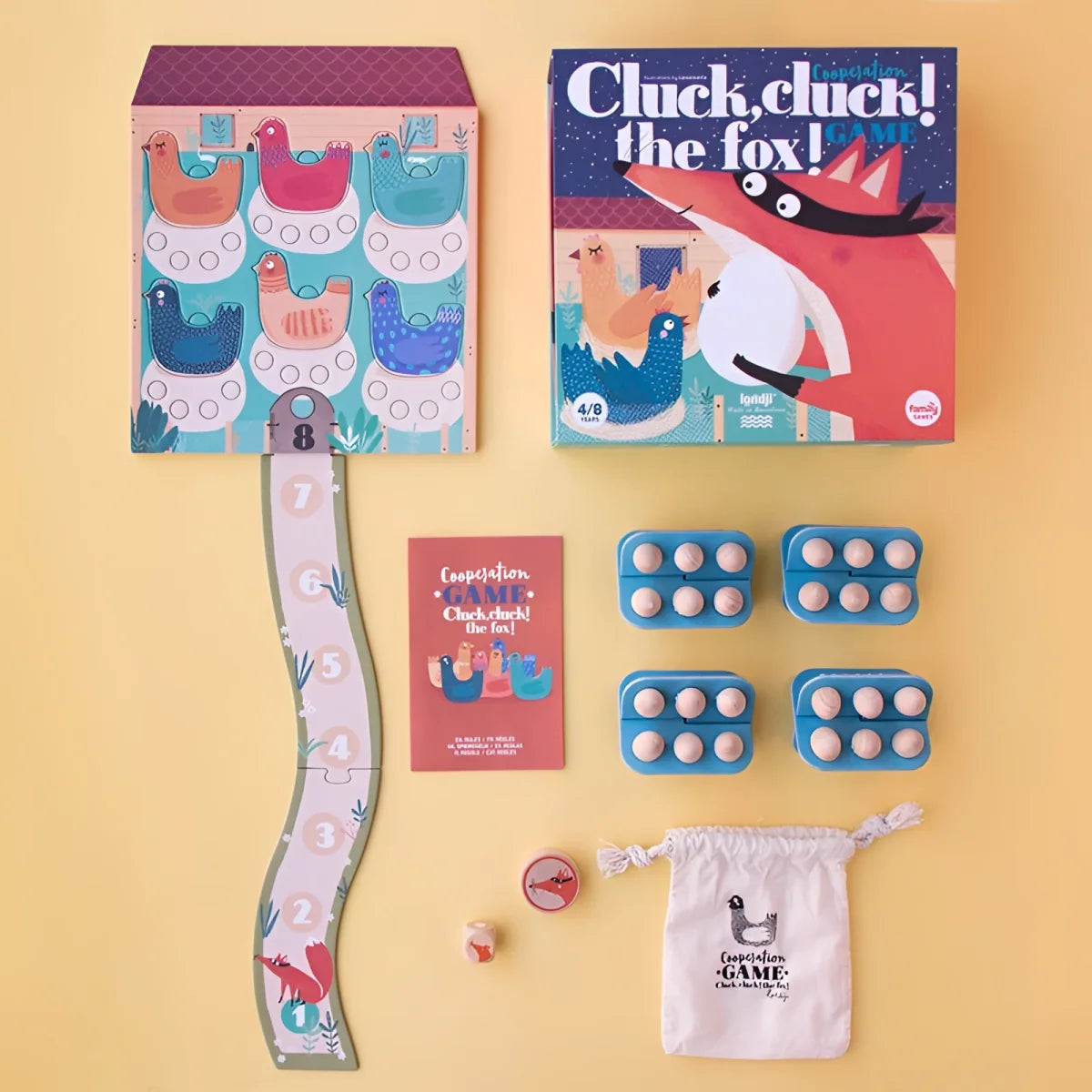 Brettspiel Cluck, Cluck! The Fox! mit Würfeln, Karten und einem Stoffbeutel