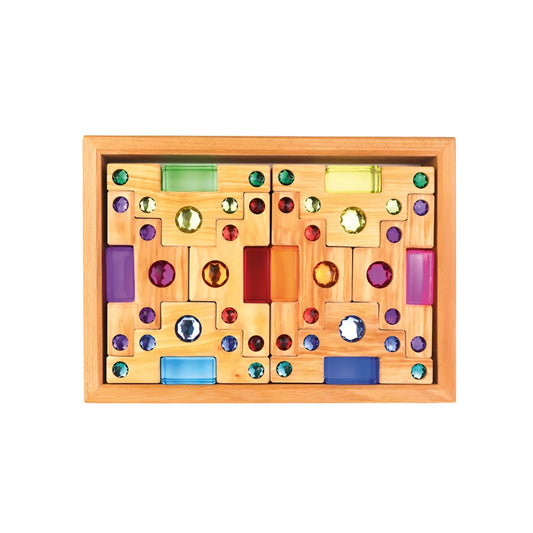 Bunter Holzstufenpuzzle mit 32 Bausteinen und Edelsteinen für Lernspaß