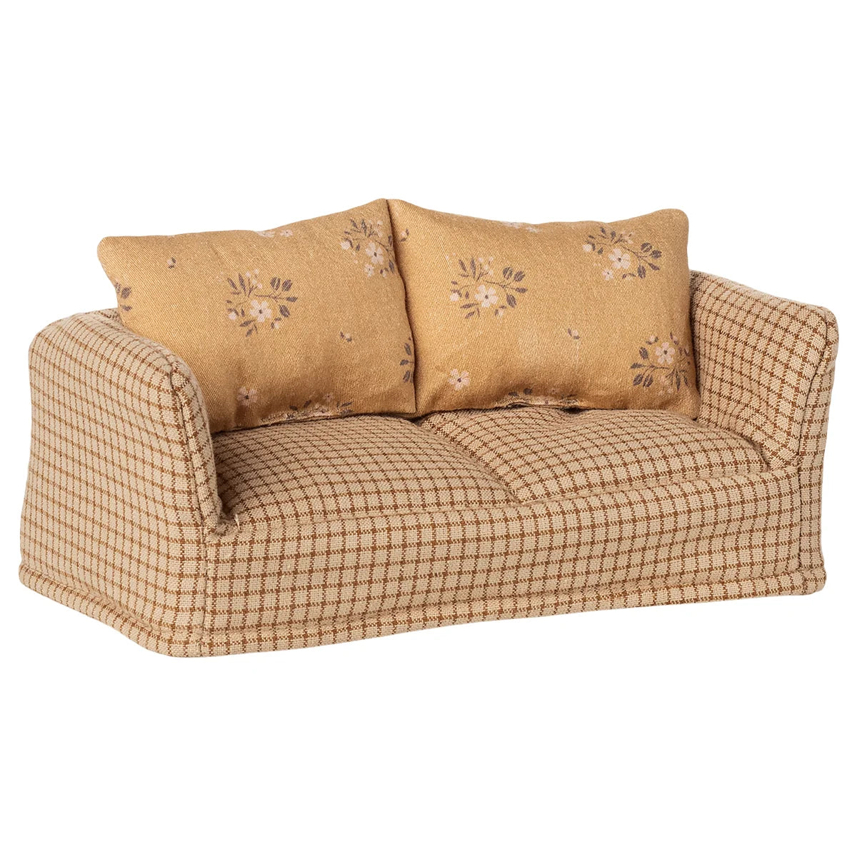 Miniaturisches Plaid-Sofa mit Blumen-Kissen für Couch Maus Mable