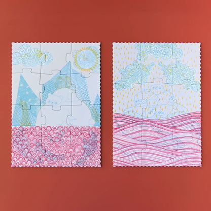 Zwei Jigsaw-Puzzles mit abstrakten Landschaften, Bergen, Wasser und Himmelselementen