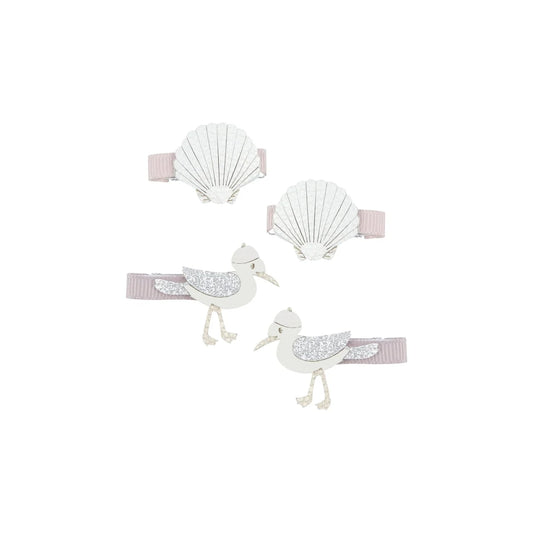 Darling Harbor Haarklammern: 4 pastellrosa-silberne Möwen- und Muschelclips mit Glitzerflügeln