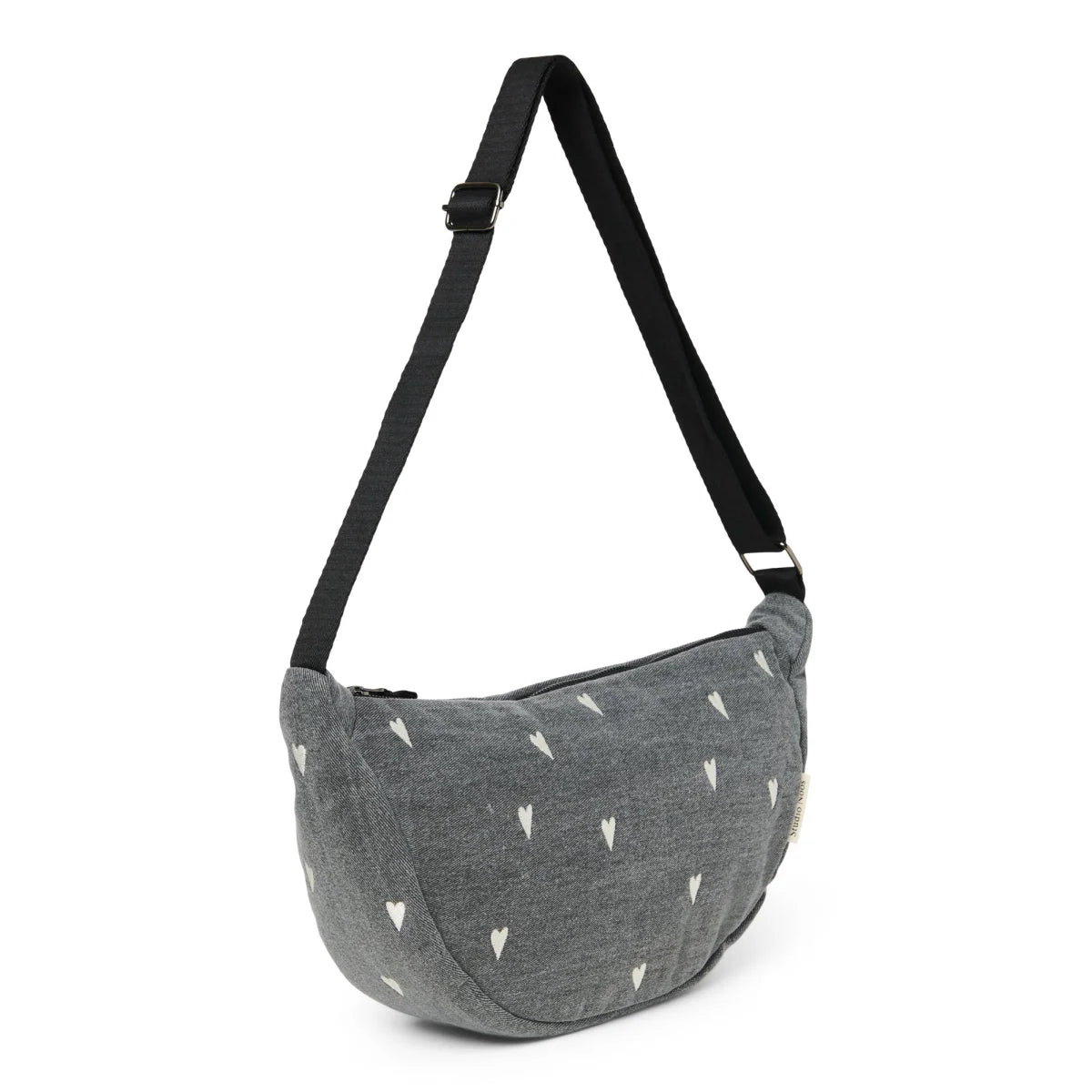 Graue kreisförmige Gürteltasche mit weißen Herzen und verstellbarem schwarzen Riemen