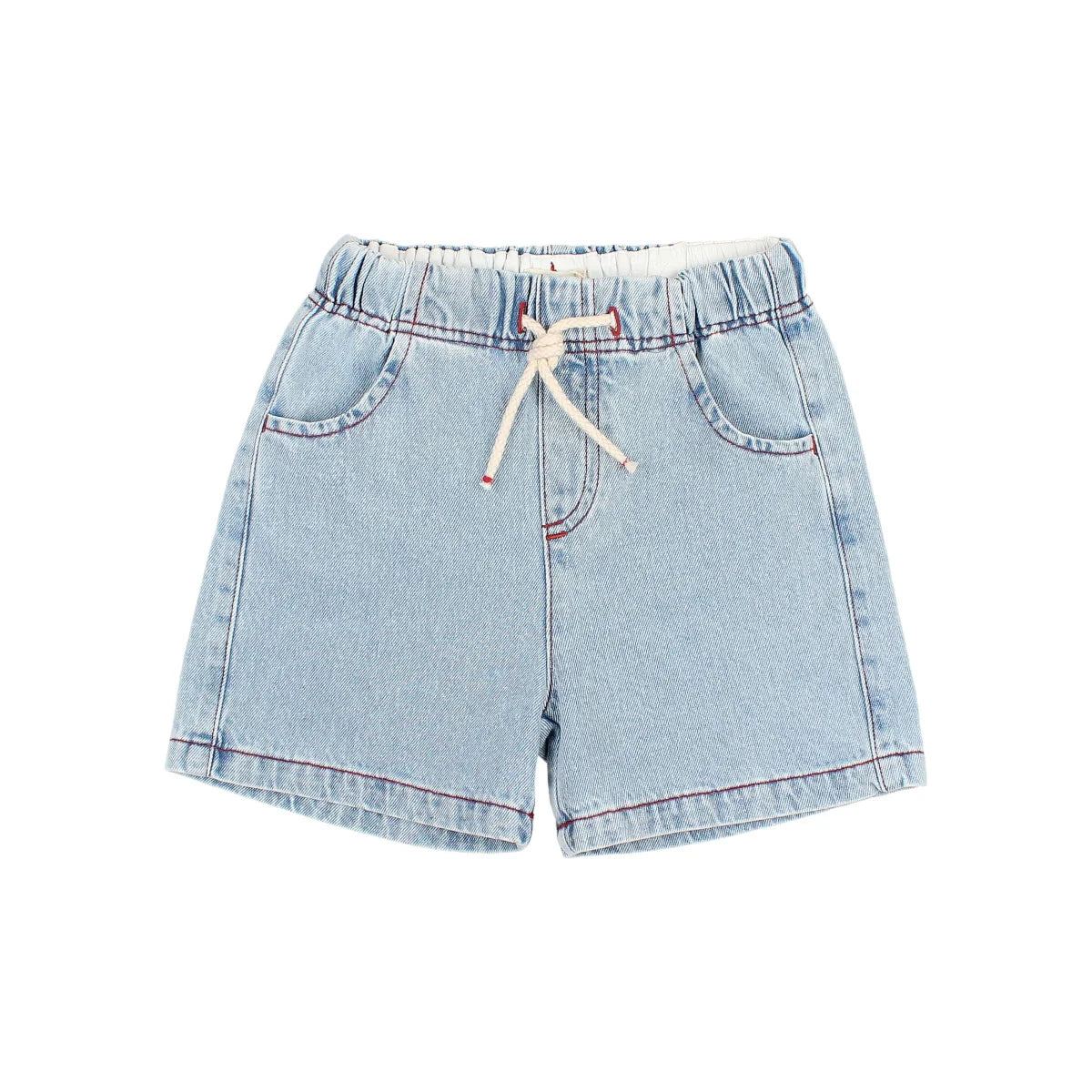 Denim Bermuda: hellwaschige Shorts mit Gummibund und creme Schnürung