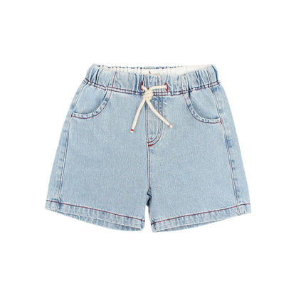 Denim Bermuda: hellwaschige Shorts mit Gummibund und creme Schnürung