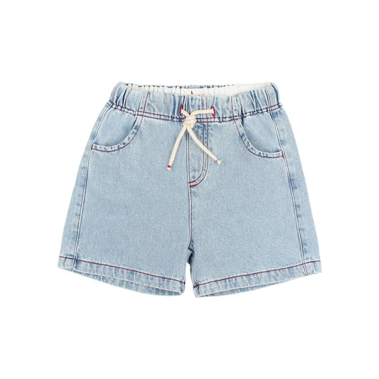 Denim Bermuda: hellwaschige Shorts mit Gummibund und creme Schnürung