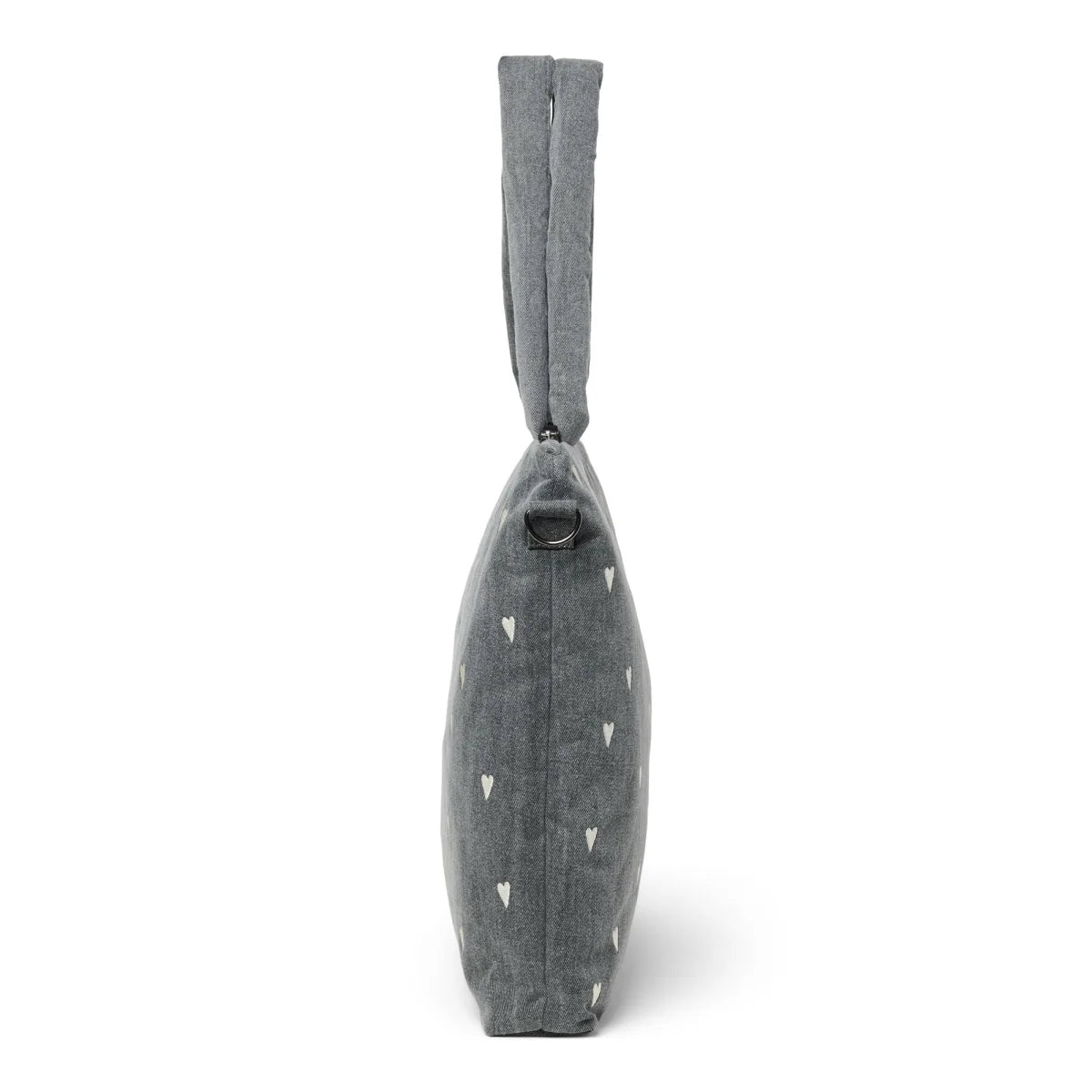 Graue Stofftasche mit weißem Herzmuster, Denim Wickeltasche mit grauen Herzen