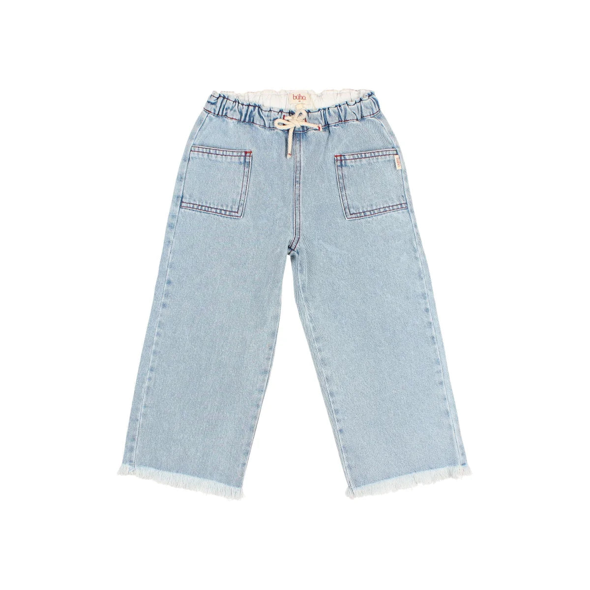Denim Girly Pants hellwasch mit weitem Schnitt, Jeansbeinen und Fransen