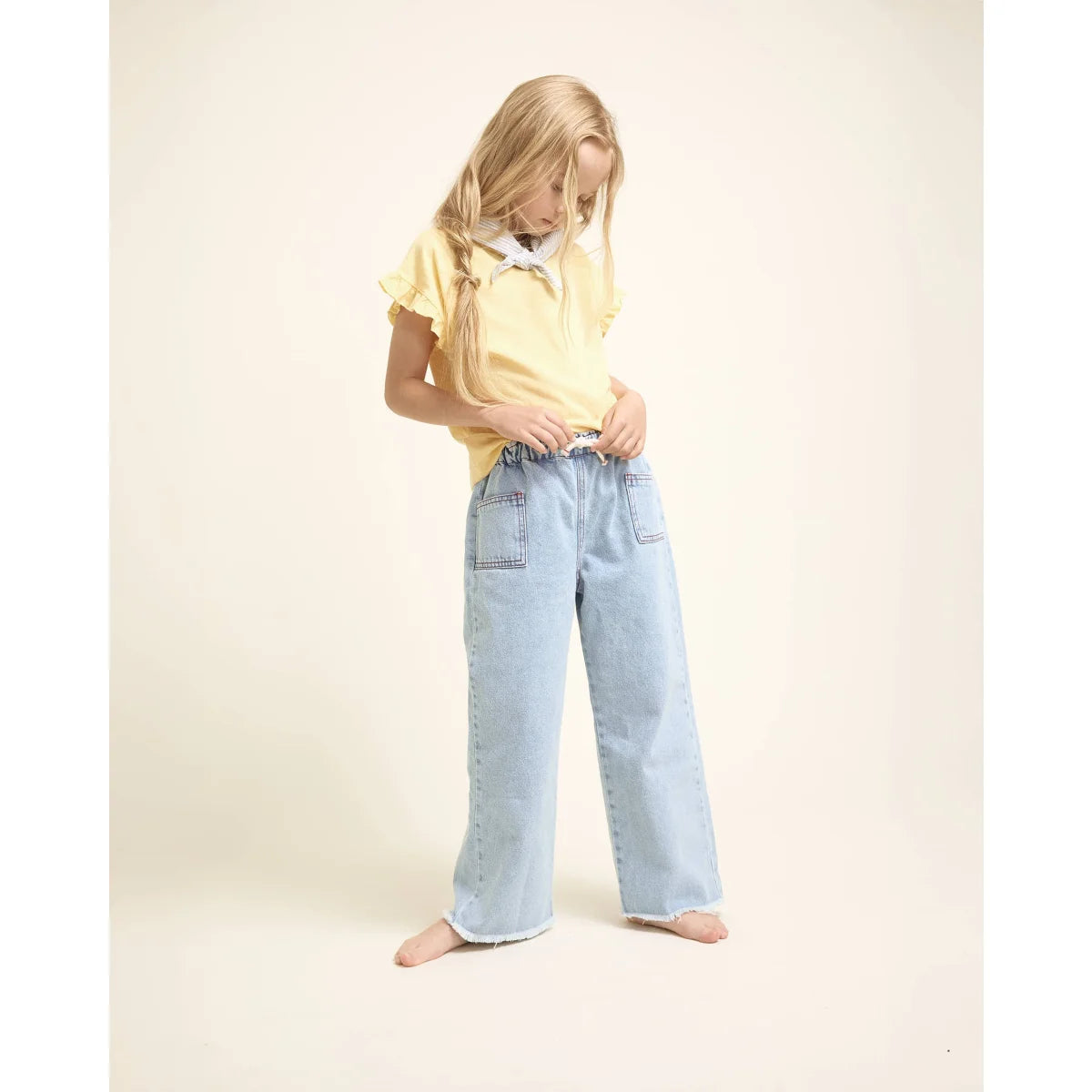 Twill Mädchenhose hellwasch jeans weite Bein ausgefranst Saum
