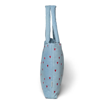 Hellblaues Tote-Bag mit roten Herzen, Denim Mom Bag Hearts
