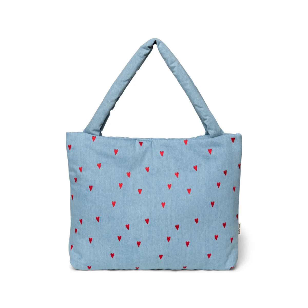 Hellblaue Tragetasche mit roten Herzen, Denim Mom Bag Hearts für stilbewusste Frauen