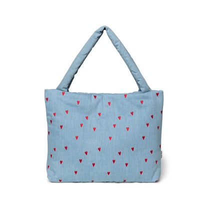 Hellblaue Tragetasche mit roten Herzen, Denim Mom Bag Hearts für stilbewusste Frauen