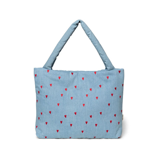 Hellblaue Tragetasche mit roten Herzen, Denim Mom Bag Hearts für stilbewusste Frauen