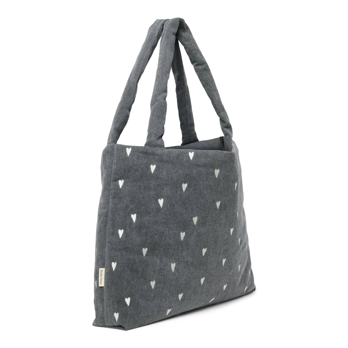 Dunkelgraue weiche Tragetasche mit kleinen weißen Herzmustern, Denim Mom Bag