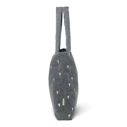 Dunkelgraue Tote-Tasche mit weißen Herzmustern, Denim Mom Bag Grey Hearts