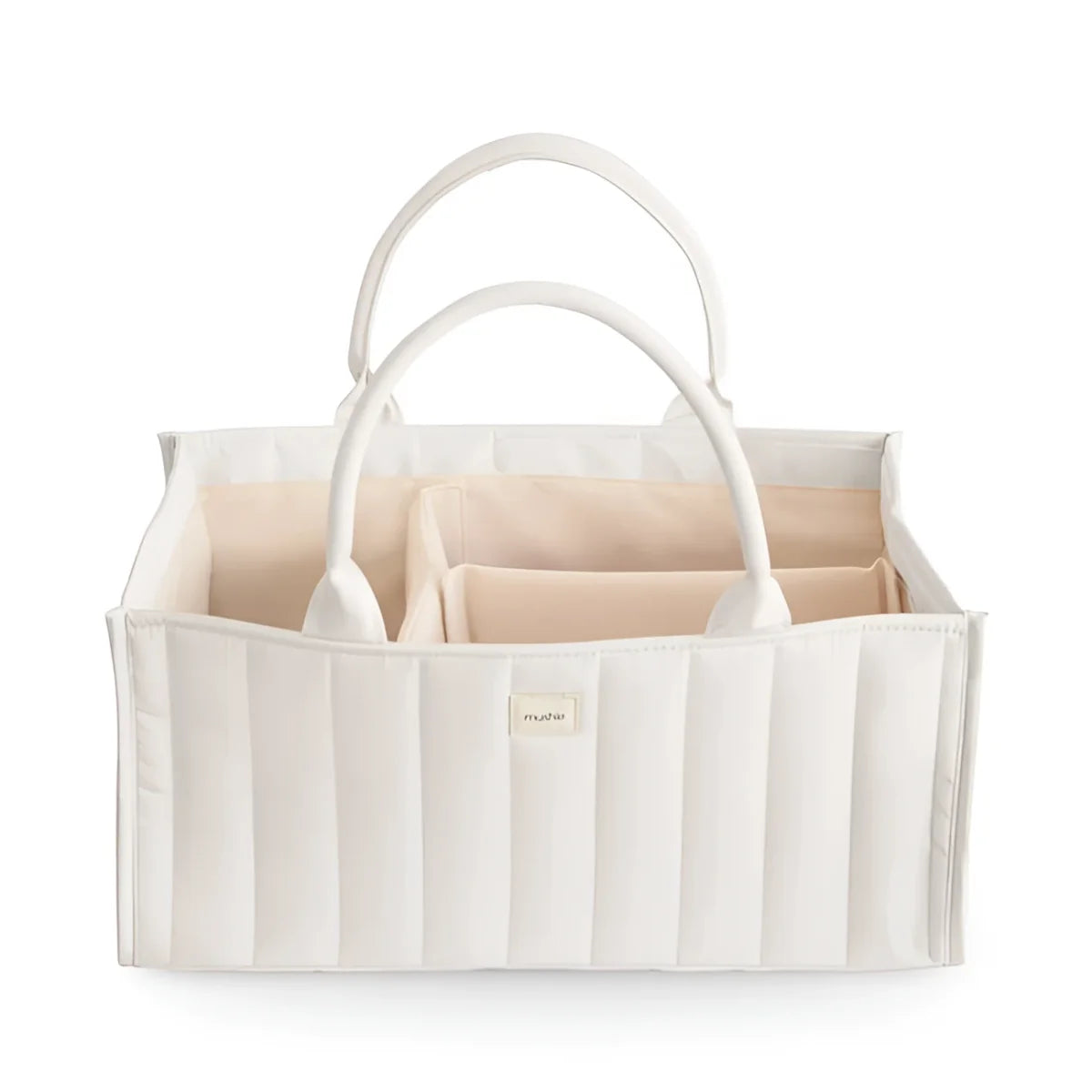 Weiss gesteppter Canvas-Wickelorganizer mit cremefarbenen Innenteilen und passenden Griffen in Elfenbein