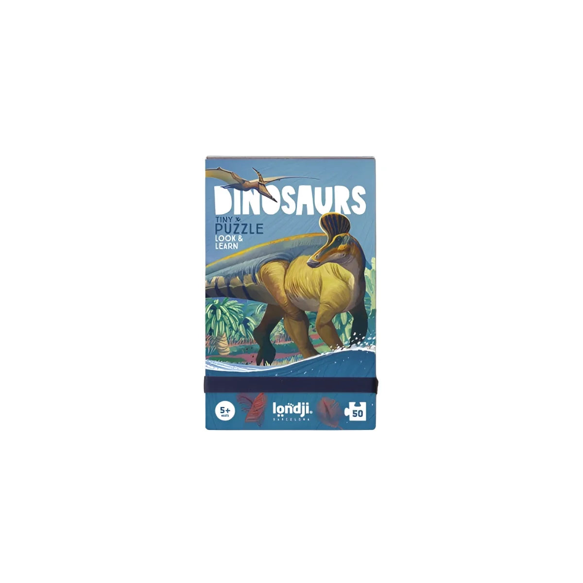 Blaues Rechteck für Londji Dinosaurs Tiny Puzzle mit gelbbraunem Dinosaurier und fliegendem Wesen am blauen Himmel