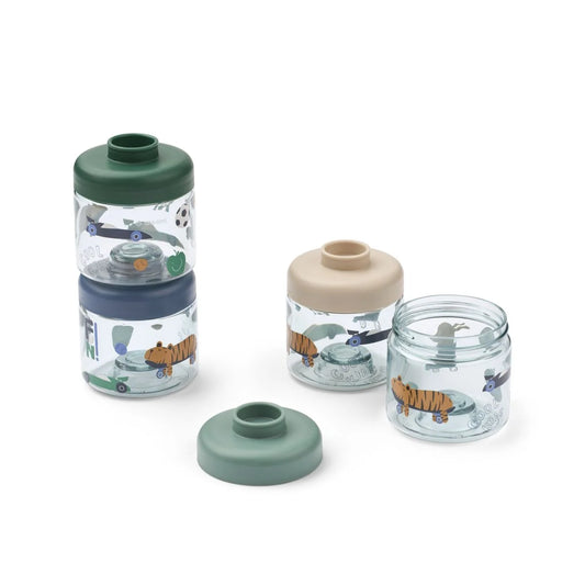Dominique Babynahrungsboxen mit bunten Tieren und bunten Deckeln in Fun Beach blue