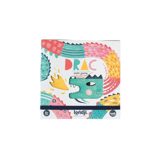Bunte Spieleschachtel mit Drachenillustrationen und Titel Draco in Drac Game