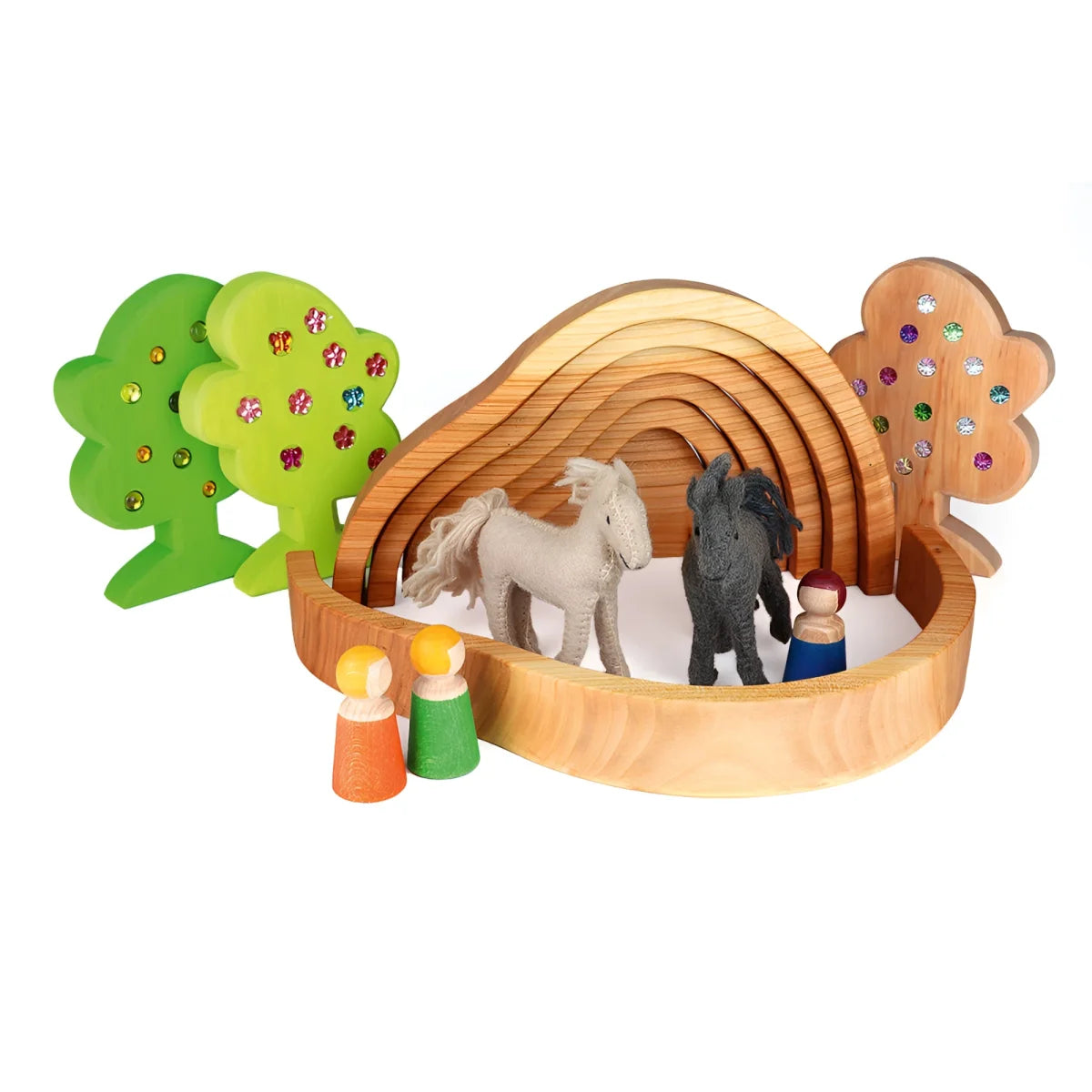 Holzspielzeugset mit Pferden und Bäumen für Dragon’s Lair mit Schatz, 11 Stück