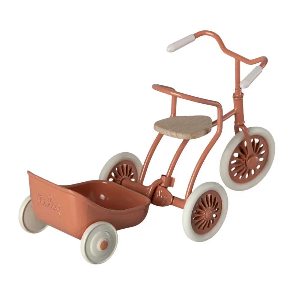 Vintage Kinder-Dreirad mit Anhänger in sanftem Korallton, Dreirad Anhänger Maus