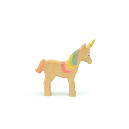 Kleines Holzspielzeug Einhorn mit Regenbogenmähne und -schwanz