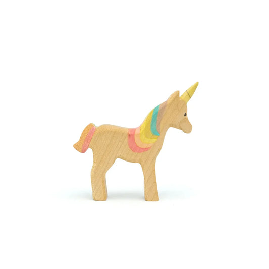 Kleines Holzspielzeug Einhorn mit Regenbogenmähne und -schwanz