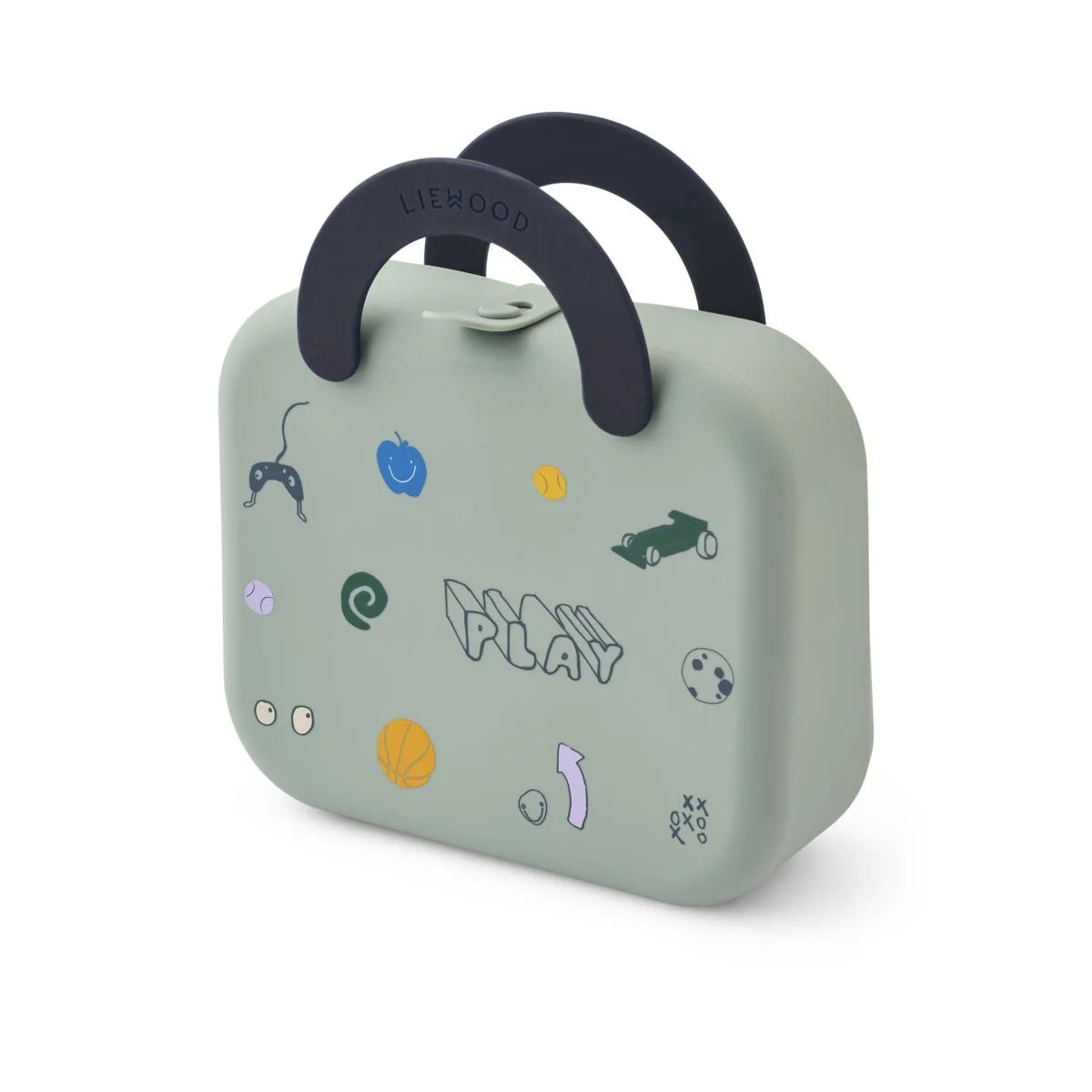 Mintgrüne faltbare Lunchbox Elara Play Dusty Peppermint mit marineblauem Griff und spielerischen Aufklebern