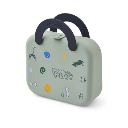 Mintgrüne faltbare Lunchbox Elara Play Dusty Peppermint mit marineblauem Griff und spielerischen Aufklebern
