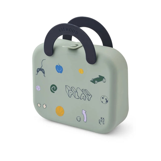 Mintgrüne faltbare Lunchbox Elara Play Dusty Peppermint mit marineblauem Griff und spielerischen Aufklebern