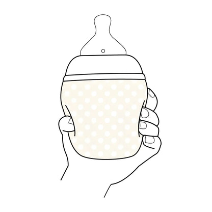 Hand hält Élhée Babyflasche Sand mit weiß gepunktetem Design, 150 ml oder 240 ml