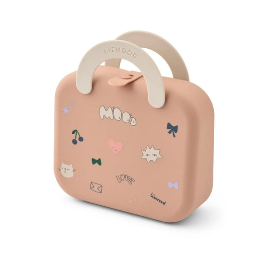 Pastellrosa faltbare Lunchbox Elara Mood Pale Tuscany mit weissem Griff und niedlichen Stickern wie Mood, Love, Cherries