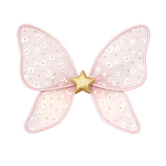 Feenflügel Darcy Blush Petal: Rosa Schmetterlingsflügel mit Blumenmuster, Goldpunkten, Glitzerstern