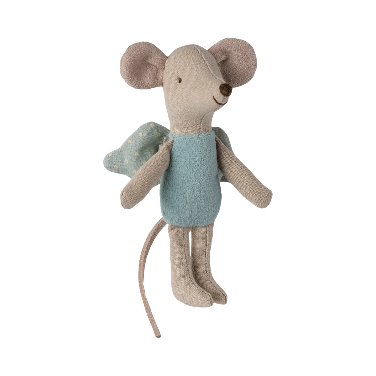 Weiche beige Stoffmaus mit hellblauen Tupfenflügeln und passendem Kleid im Maileg-Stil, Feenmaus Klein Mint