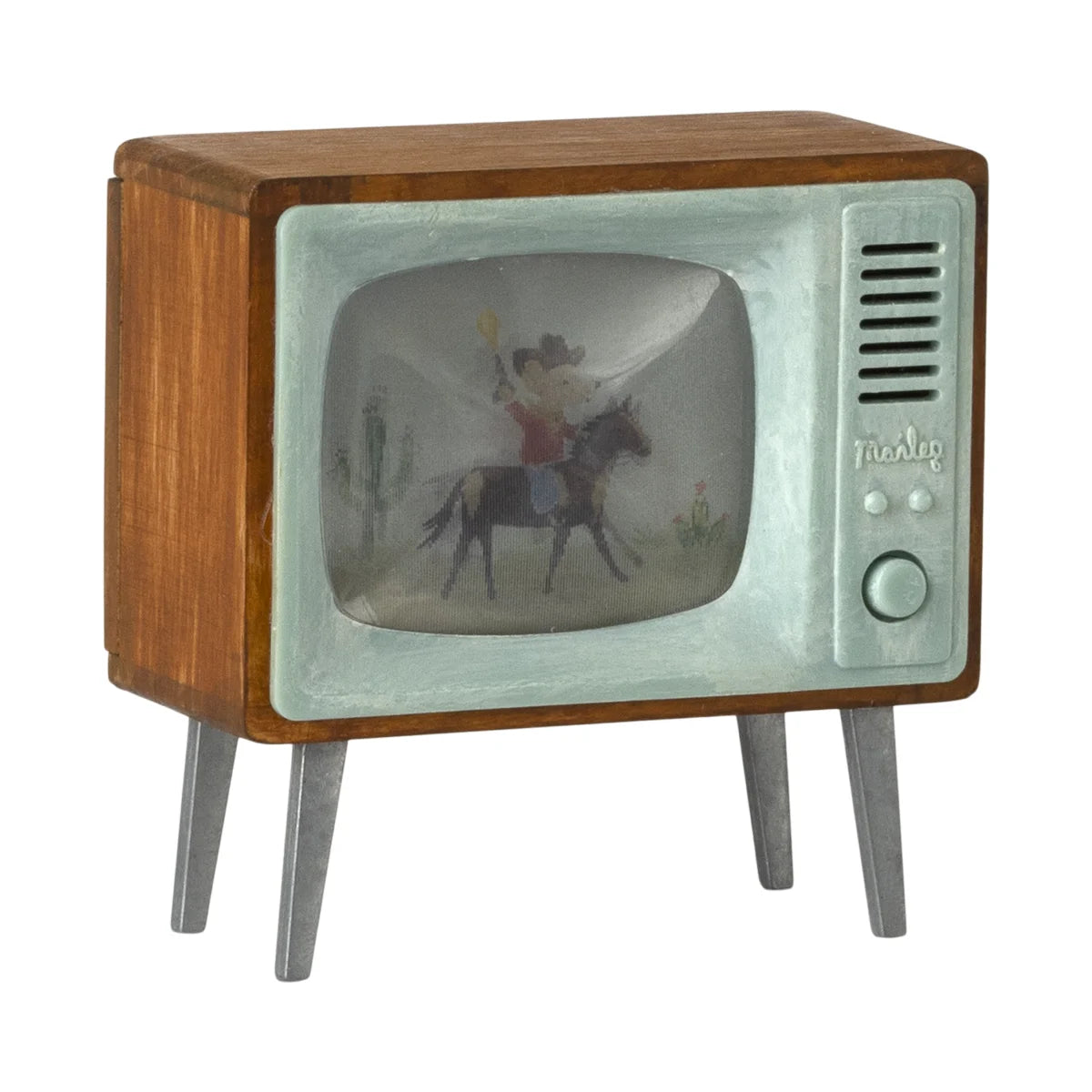Vintage holz fernseher mit hellblauem bildschirm zeigt animierte cowboy szene auf silbernen beinen geschenke für neugeborene