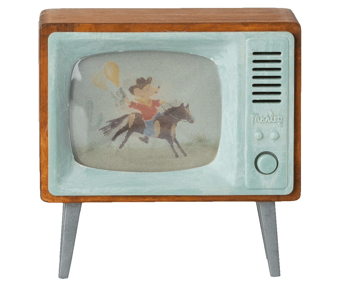 Vintage Fernseher Maus mit Holzrahmen und hellblauem Frontpanel
