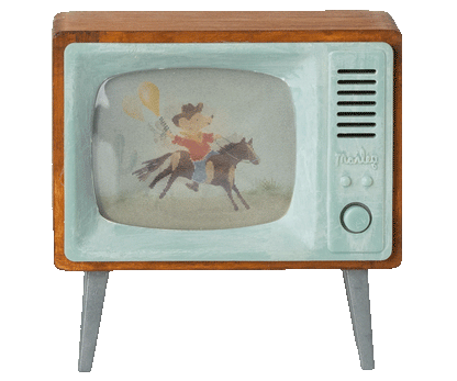 Vintage Fernseher Maus mit Holzrahmen und hellblauem Frontpanel