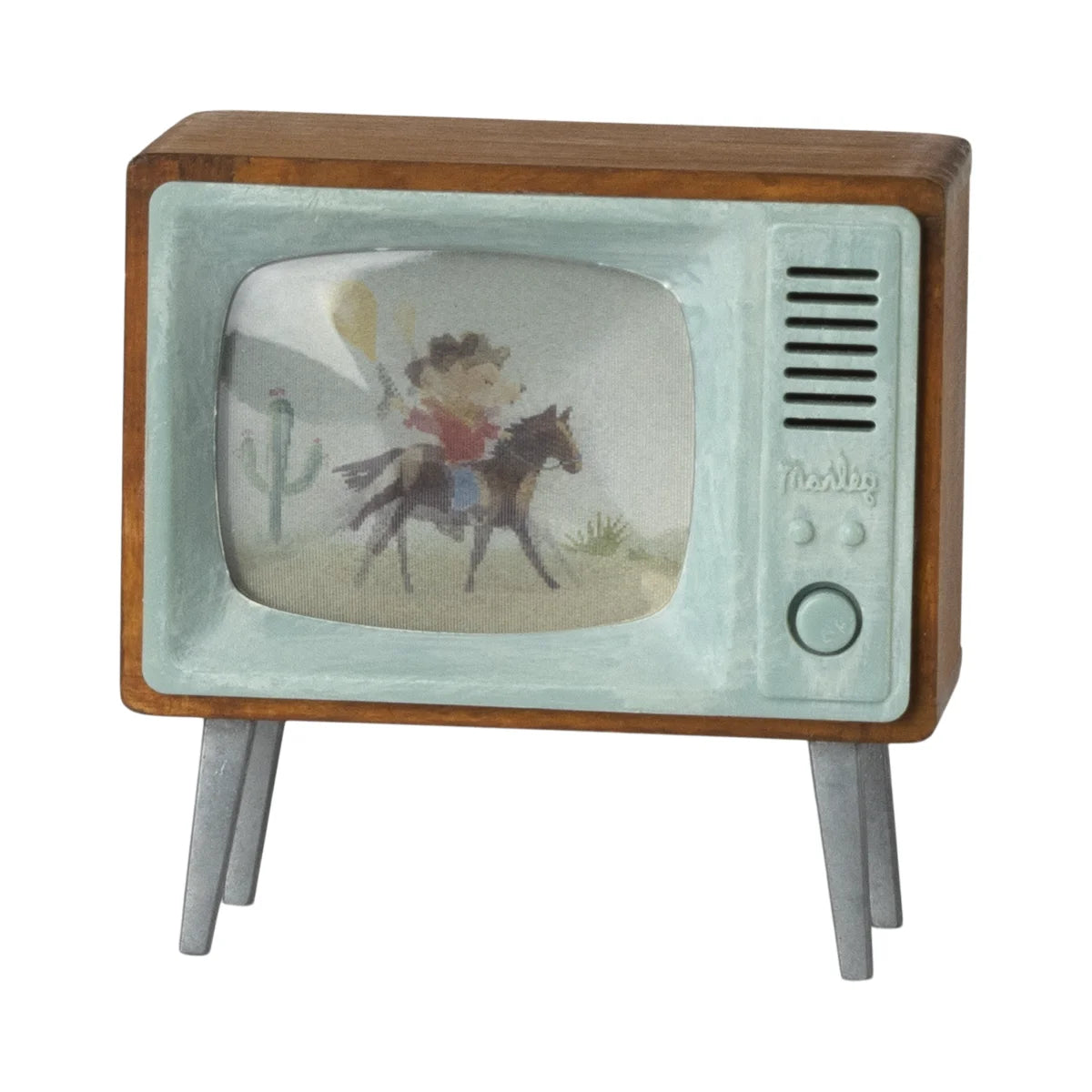 Vintage fernseher mit holzrahmen und blauem bildschirm zeigt cartoon cowboy, ideal für nachhaltige babykleidung schweiz