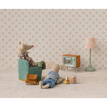 Miniatur teal sessel mit gelber kante aus weichem stoff, ideal für geschenke für neugeborene und ökologische babyprodukte