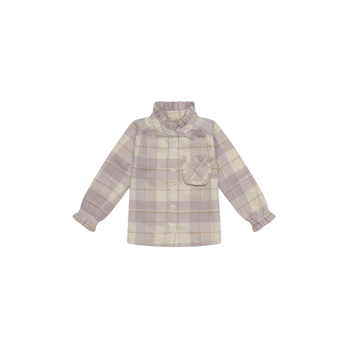 Langärmliges kariertes Flanellhemd mit Rüschenkanten und Brusttasche in Beige und Lavendel