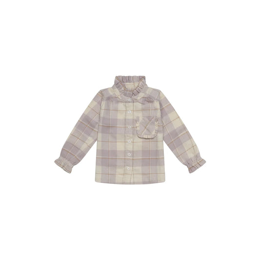 Langärmliges kariertes Flanellhemd mit Rüschenkanten und Brusttasche in Beige und Lavendel