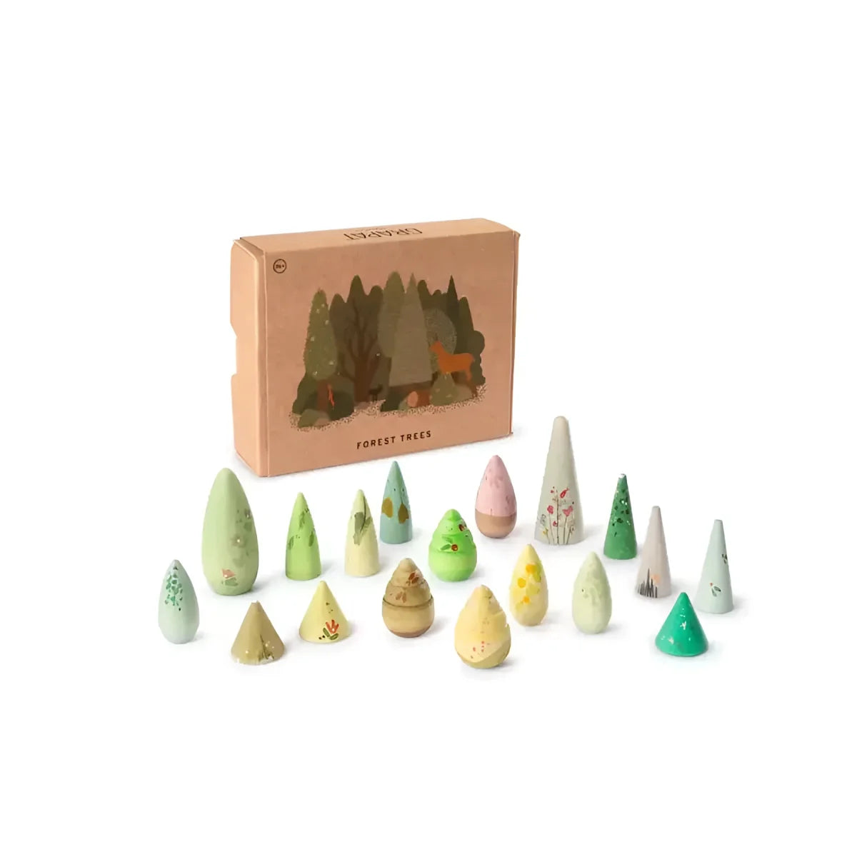 Set von 20 handbemalten Holzwaldbaumfiguren Forest Tree in Pastellgrün, Gelb und Rosa