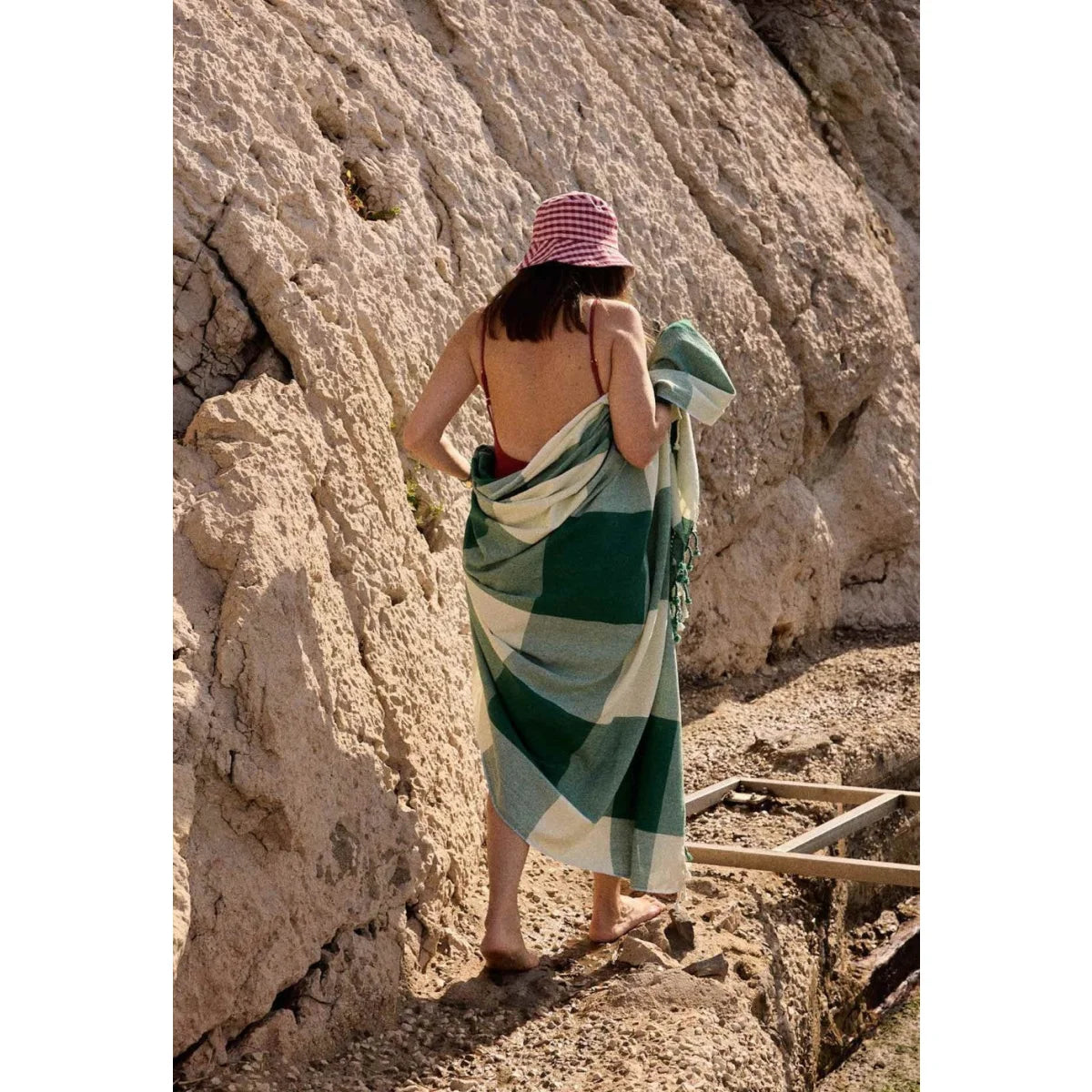 Grün-weiss kariertes Fouta Baumwolltuch Calanque mit Fransen