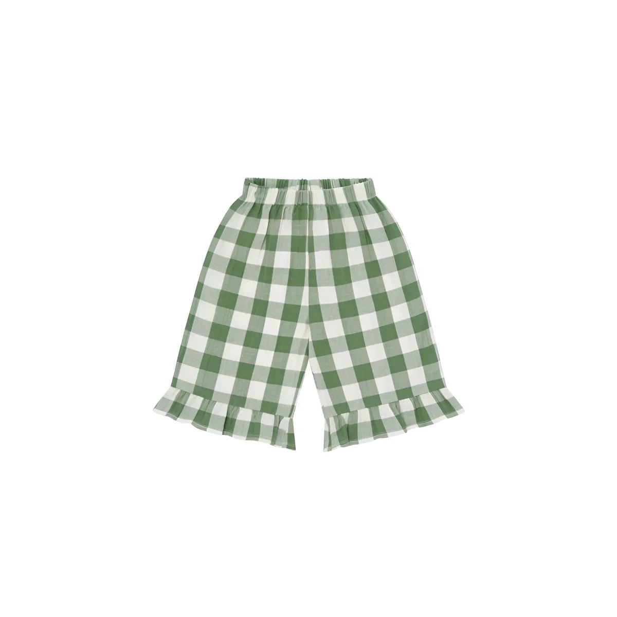 Frill Culottes Dill Gingham: grün-weisse Karo-Shorts mit Rüschensaum