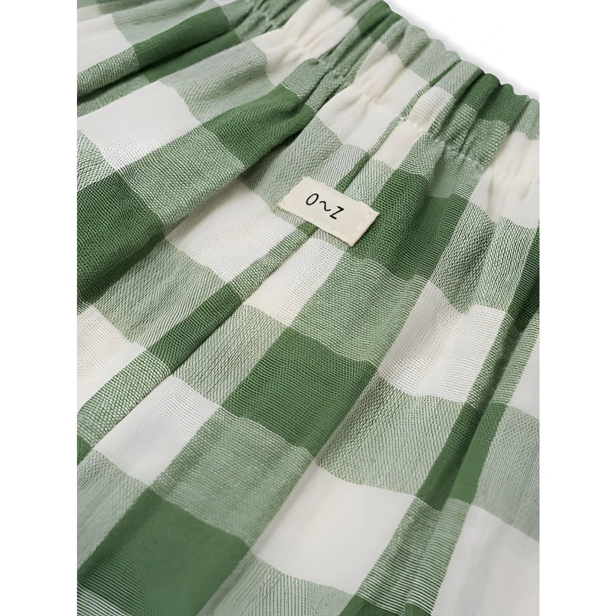 Frill Culottes Dill Gingham: grün-weiße Karo-Baumwoll-Shorts mit weichem Gummibund