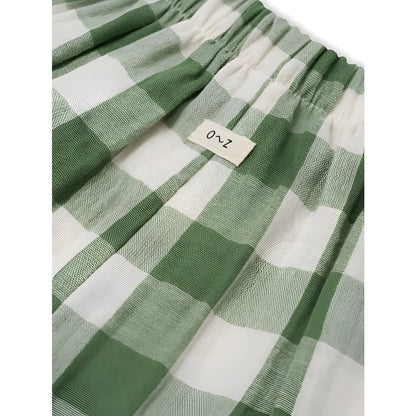 Frill Culottes Dill Gingham: grün-weiße Karo-Baumwoll-Shorts mit weichem Gummibund