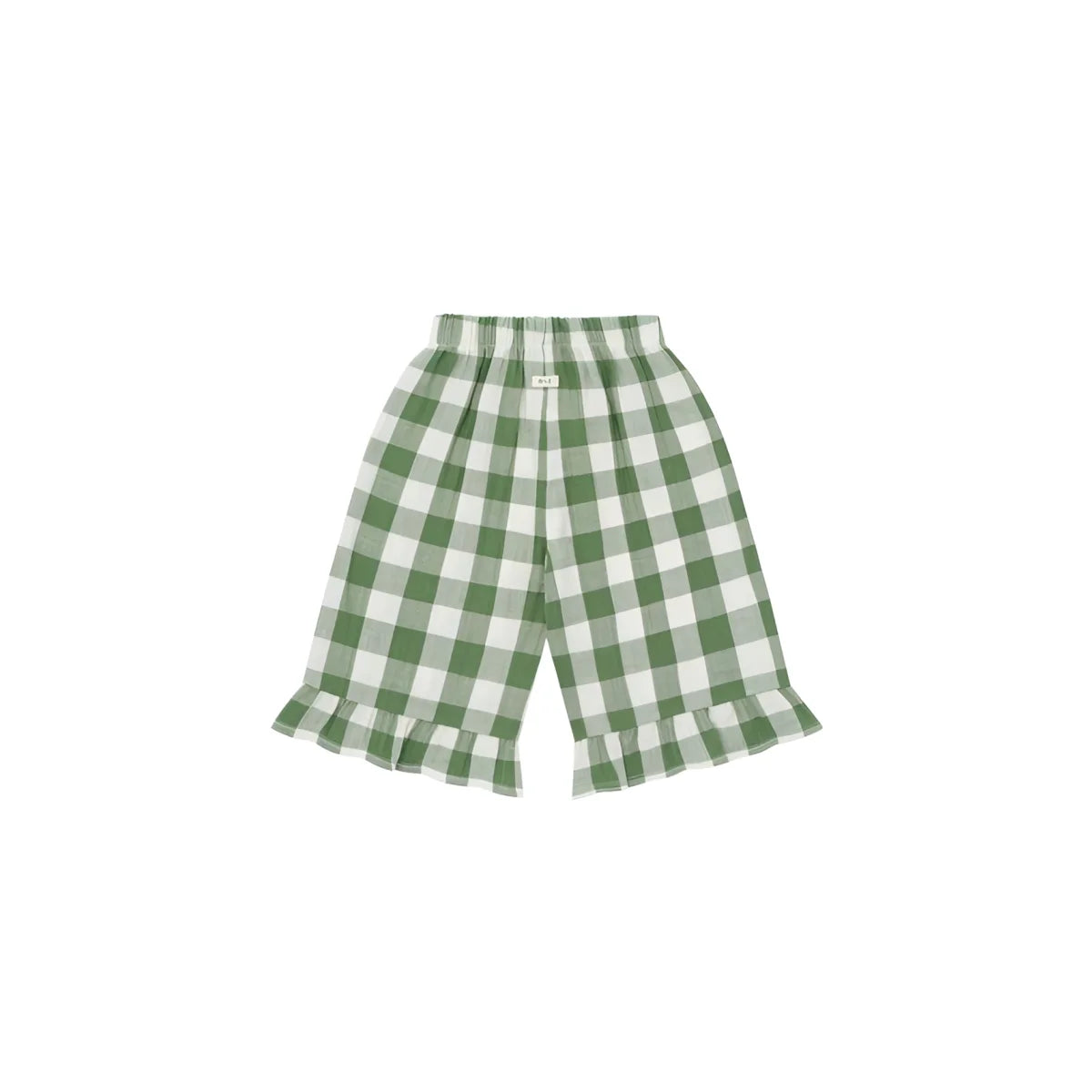 Frill Culottes Dill Gingham: grün-weiße karierte Shorts mit Rüschensaum