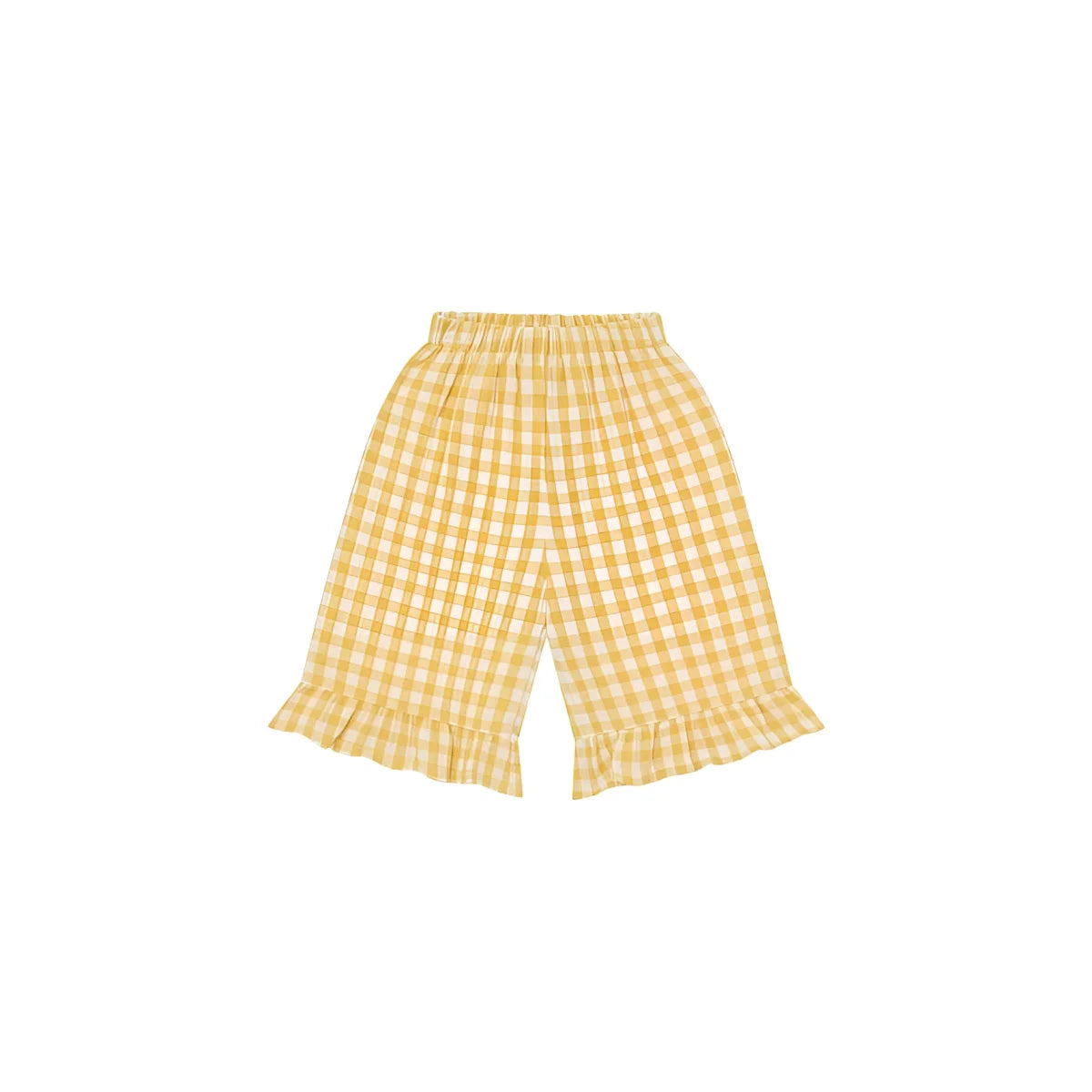 Frill Culottes Honeycomb Gingham: gelb-weisse Karo-Shorts mit Rüschensäumen
