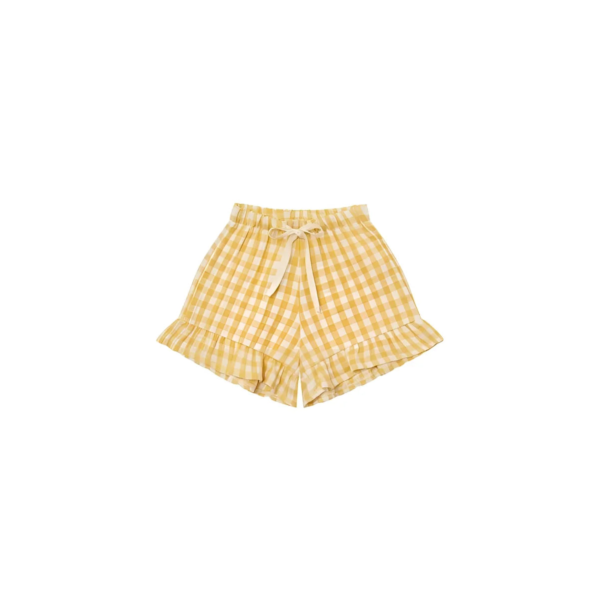 Frill Shorts Honeycomb Gingham: gelb-weisse Karo-Shorts mit Rüschensaum