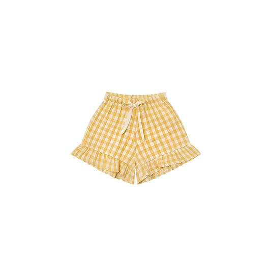 Frill Shorts Honeycomb Gingham: gelb-weisse Karo-Shorts mit Rüschensaum