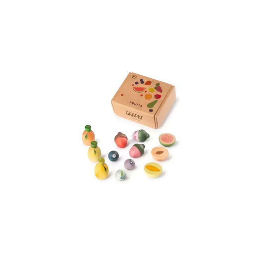 Holzspielzeug-Obst-Set Fruits in Pastellfarben mit bemalten Mini-Früchten und Gemüse
